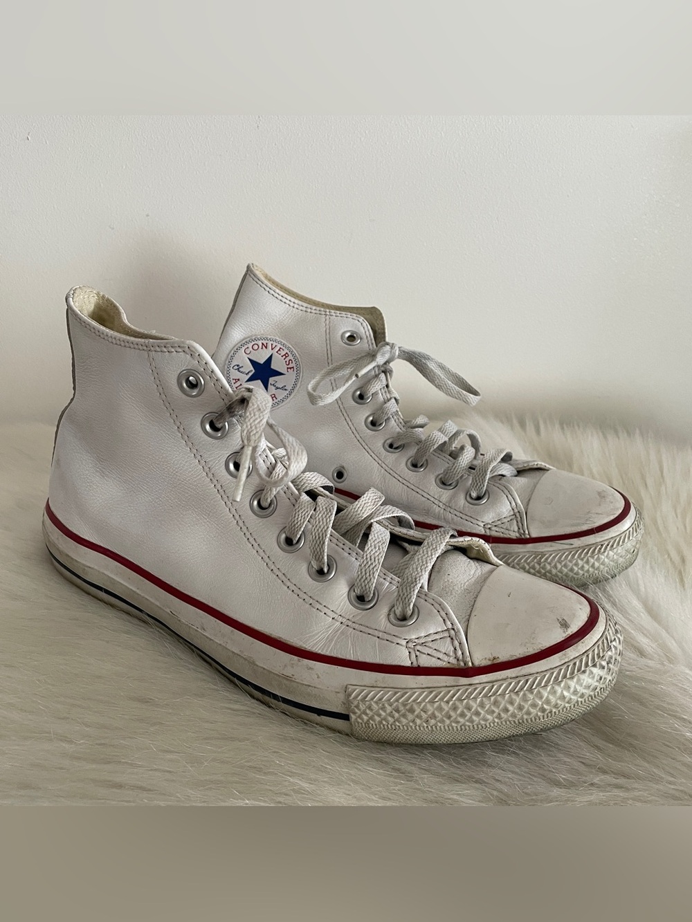 Converse White leather High Top Sneakers with Red Trim Classic high tops